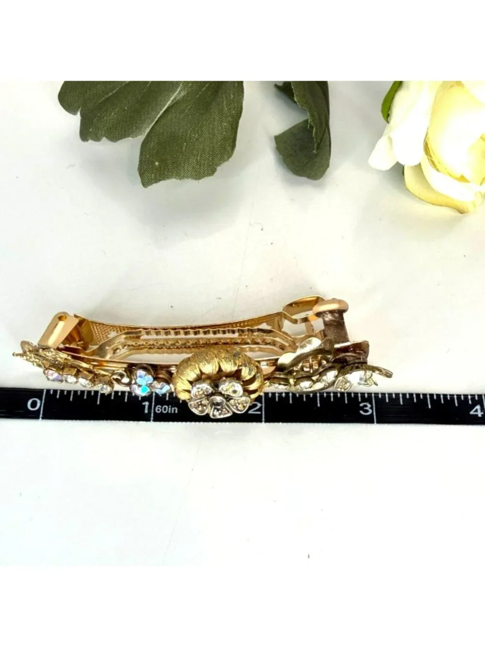 Gold Rhinestone Flower Barrette | Handmade Vintage Jewelry Hair Clip | One of a
